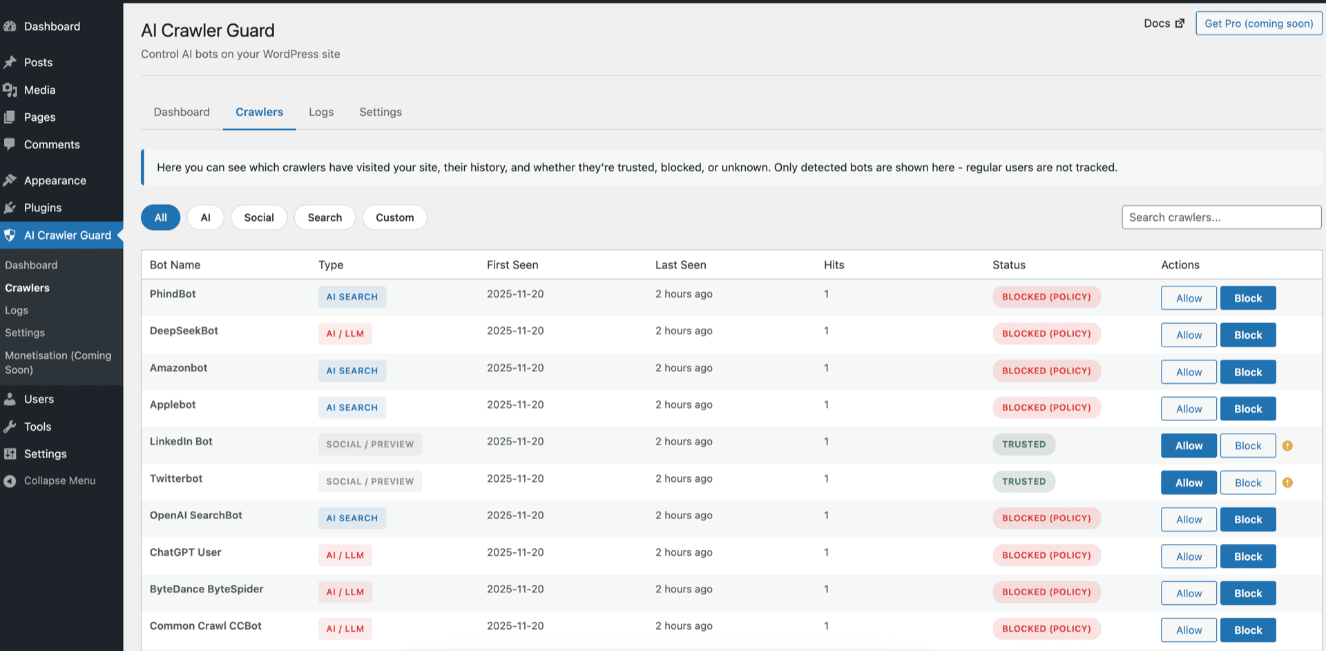 Crawler management interface with allow and block controls