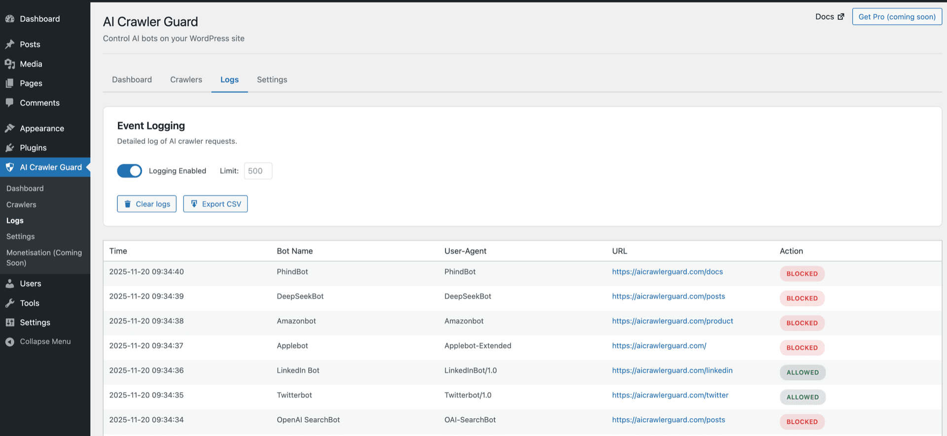 Activity log showing blocked and allowed crawlers