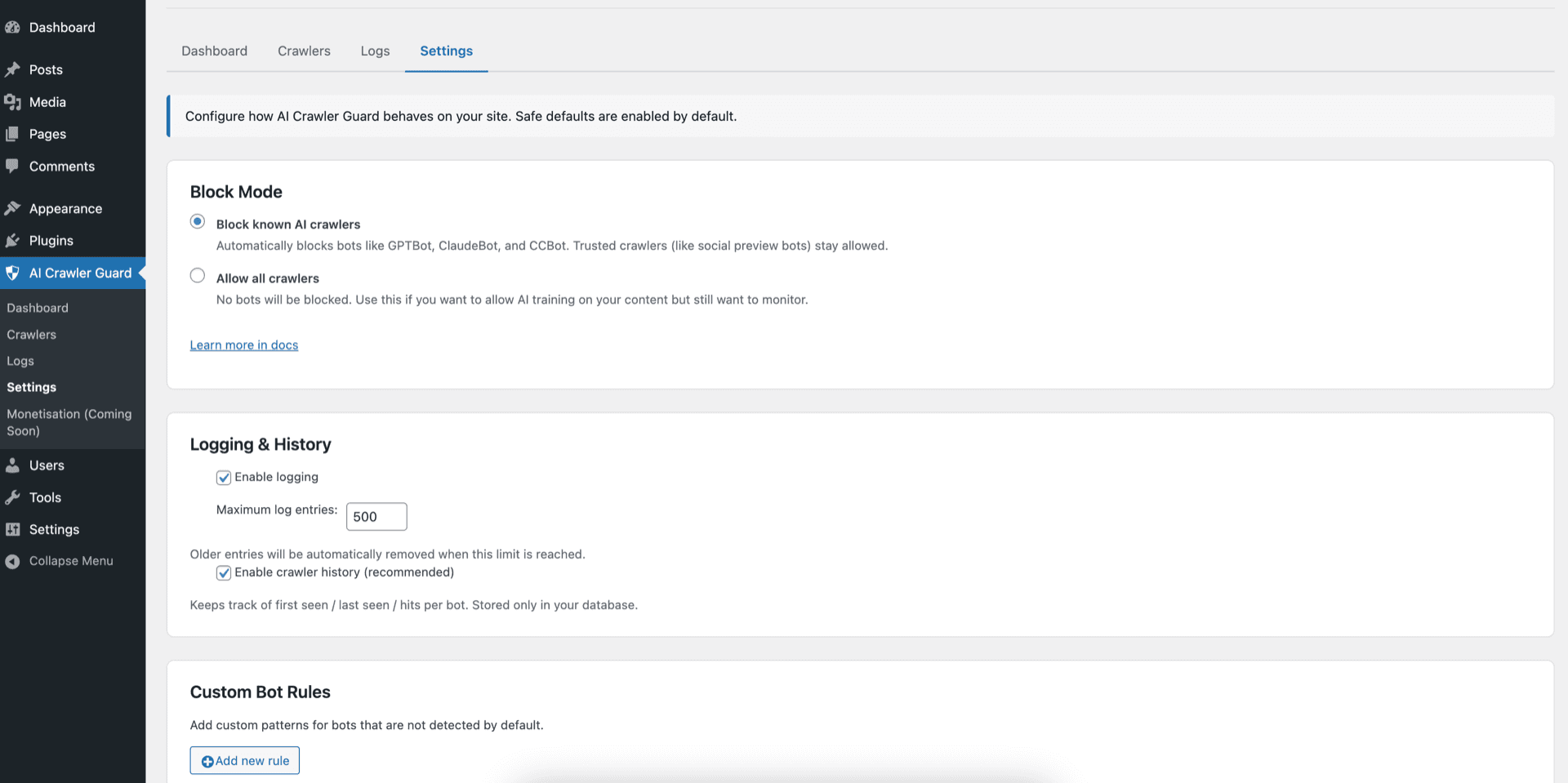Plugin settings page with configuration options